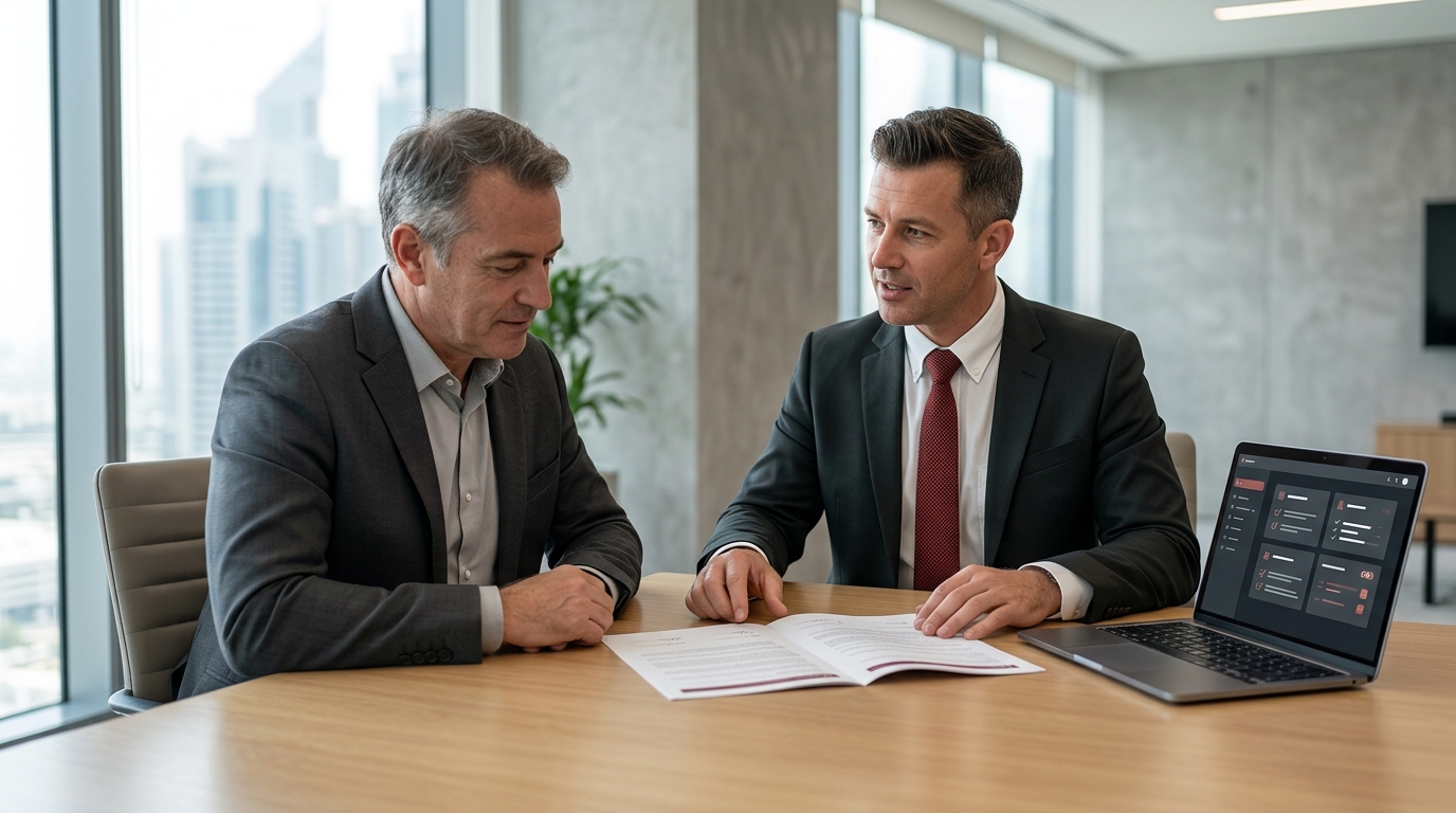 Business owner reviewing an IT AMC contract with an IT consultant
