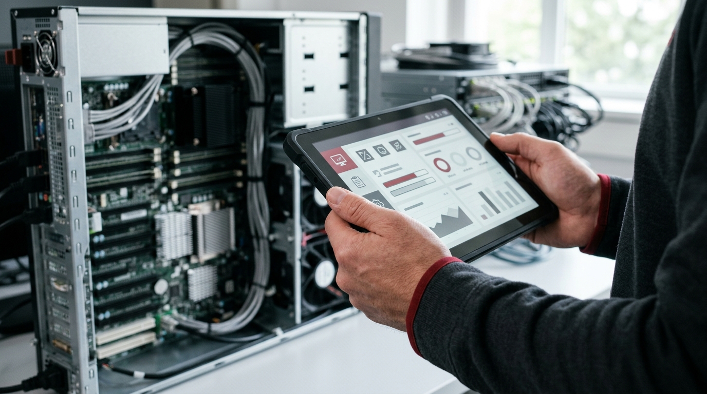 IT technician completing a preventive maintenance checklist under an AMC contract