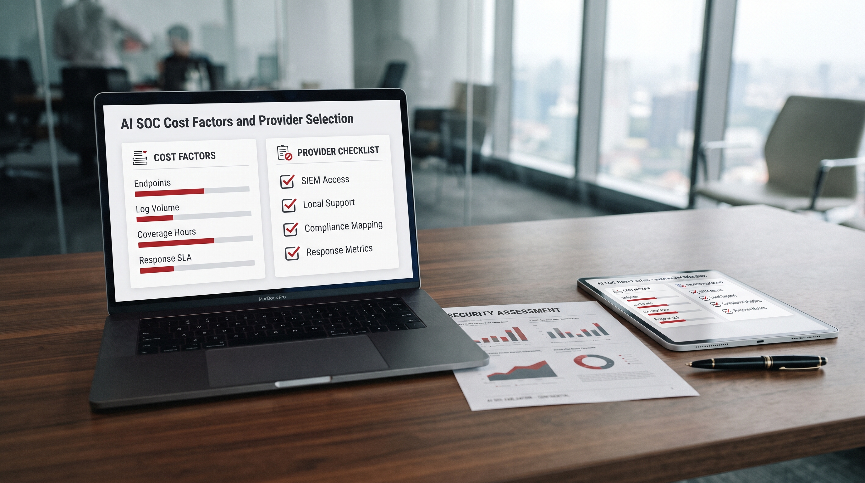AI SOC planning infographic for endpoint coverage log volume response SLA SIEM access and provider selection