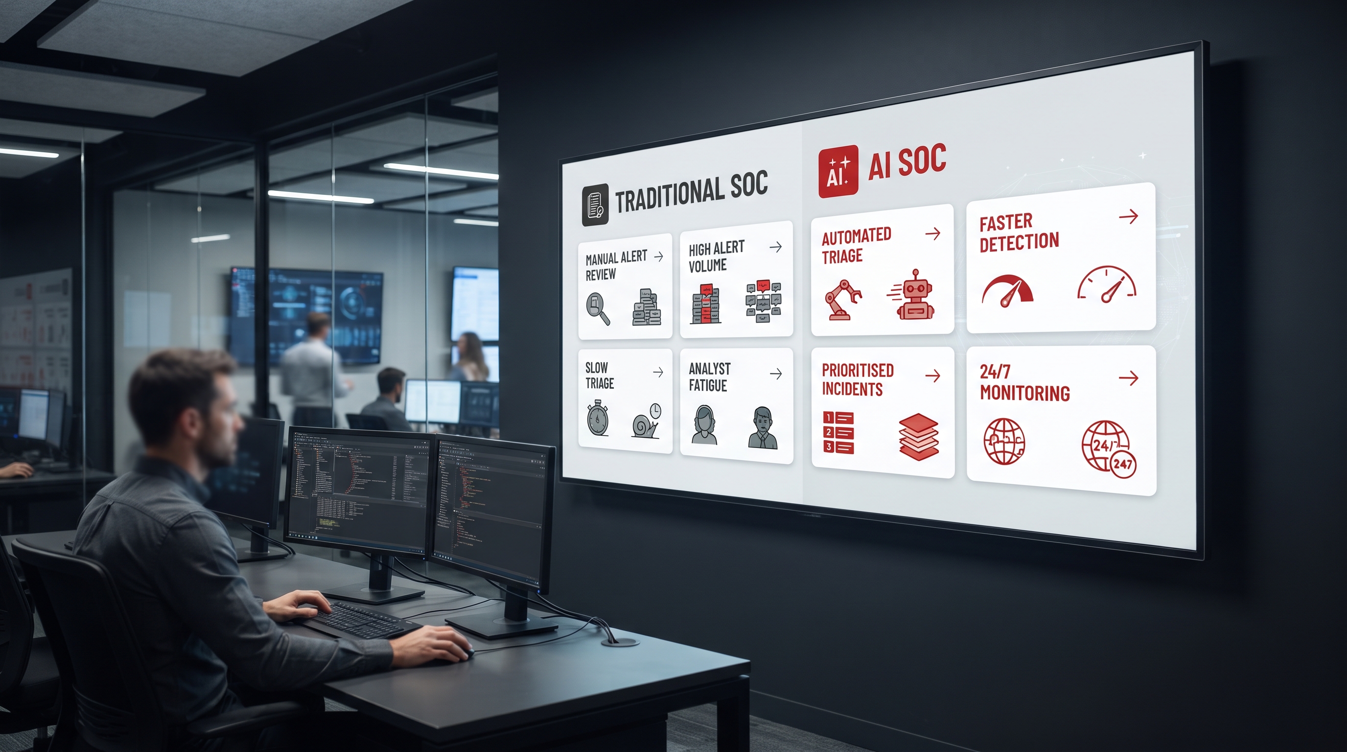 AI SOC versus traditional SOC comparison dashboard for faster alert triage and managed threat detection