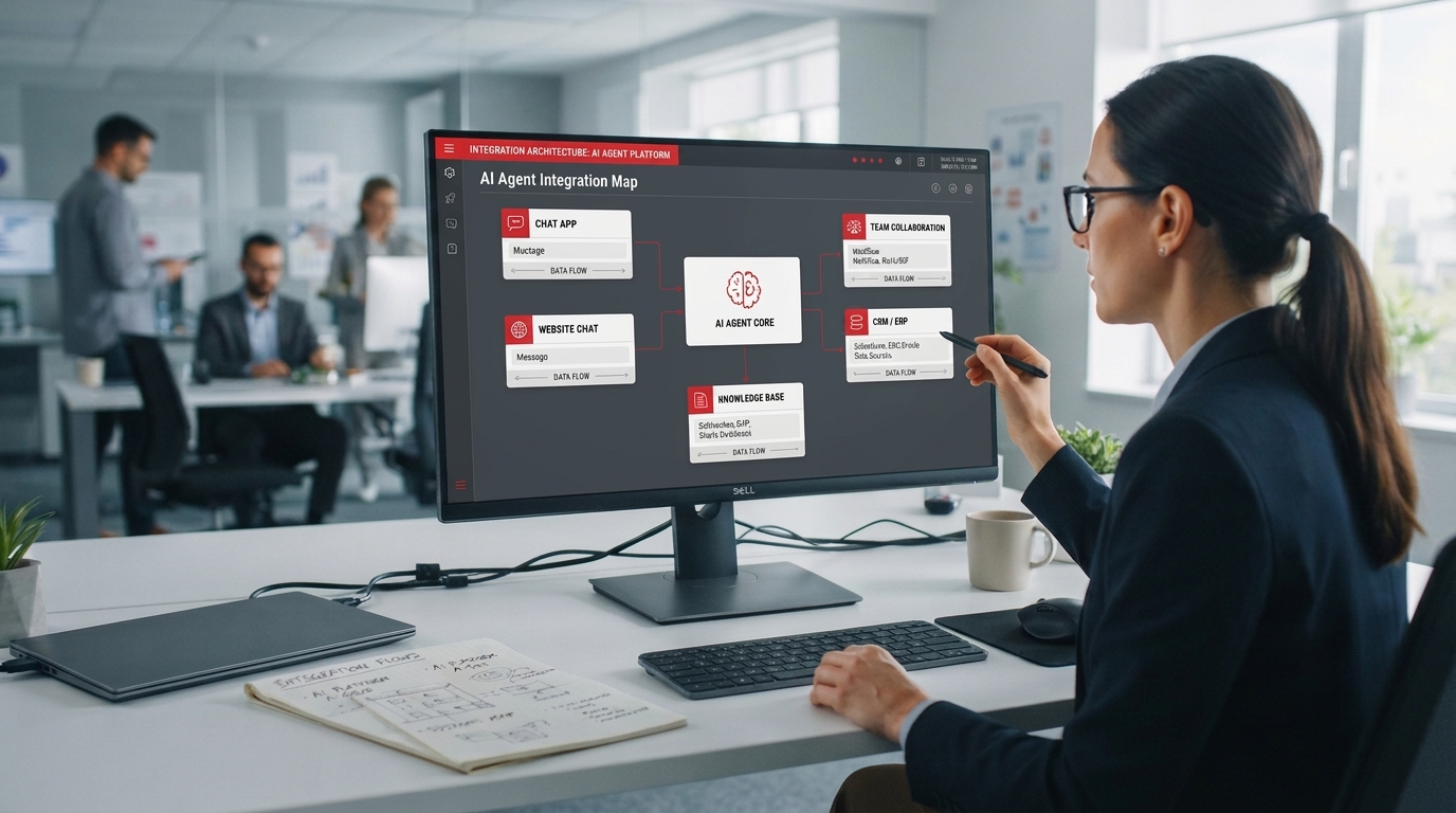AI agent platform integration map connecting chat, website, Microsoft Teams, CRM, ERP and knowledge systems