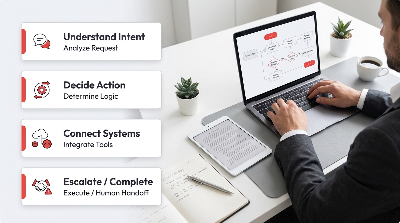 AI agent workflow plan showing intent understanding, business system actions and human escalation