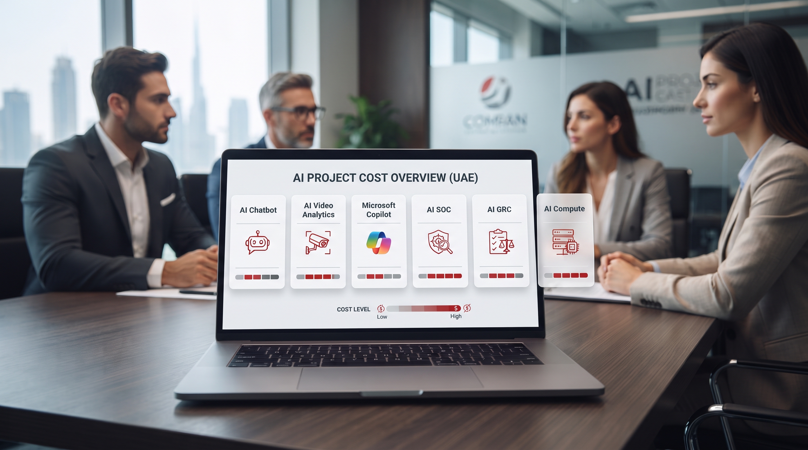 AI project cost overview in UAE showing chatbot video analytics Copilot and AI SOC budget categories