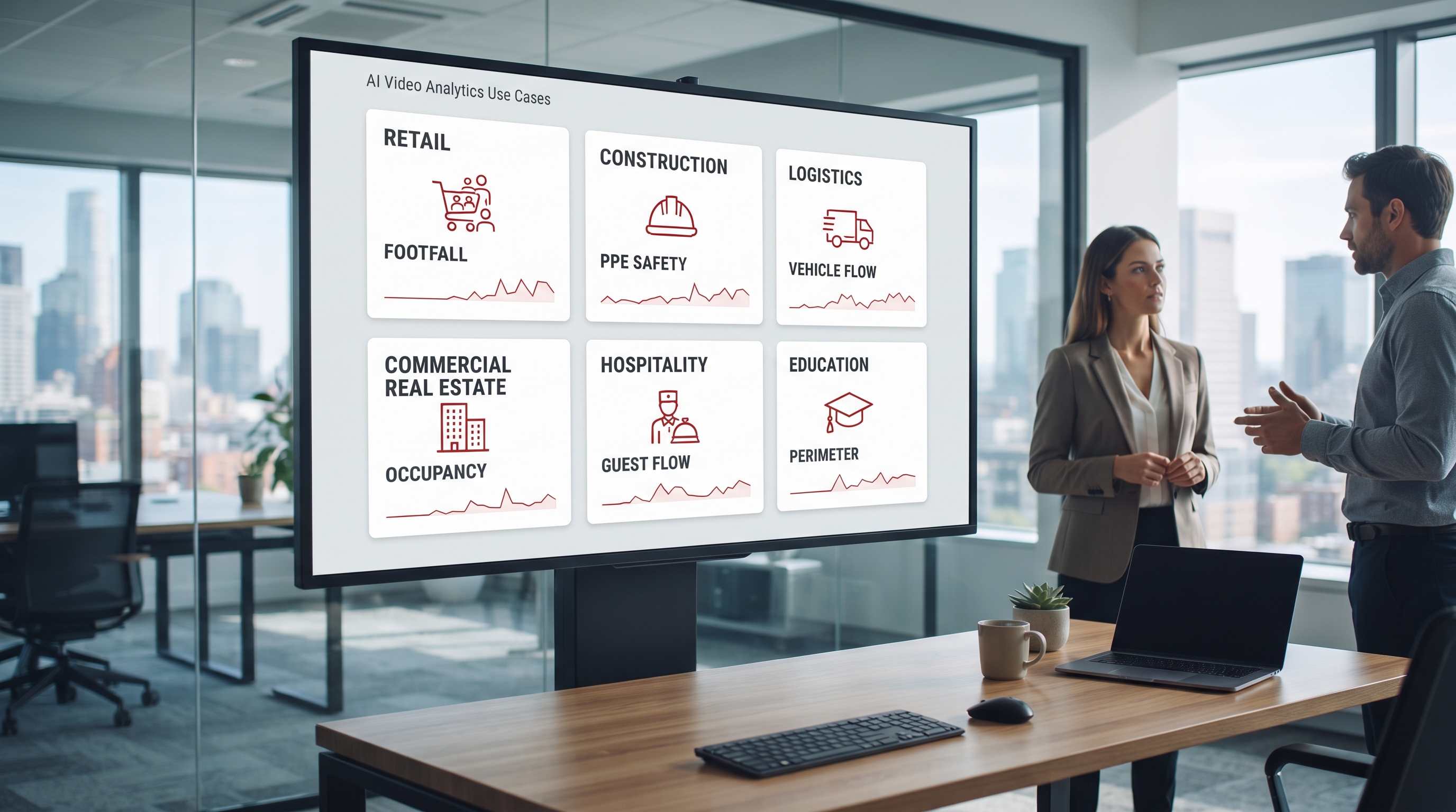 AI video analytics business dashboard showing use cases across retail construction logistics real estate hospitality and education