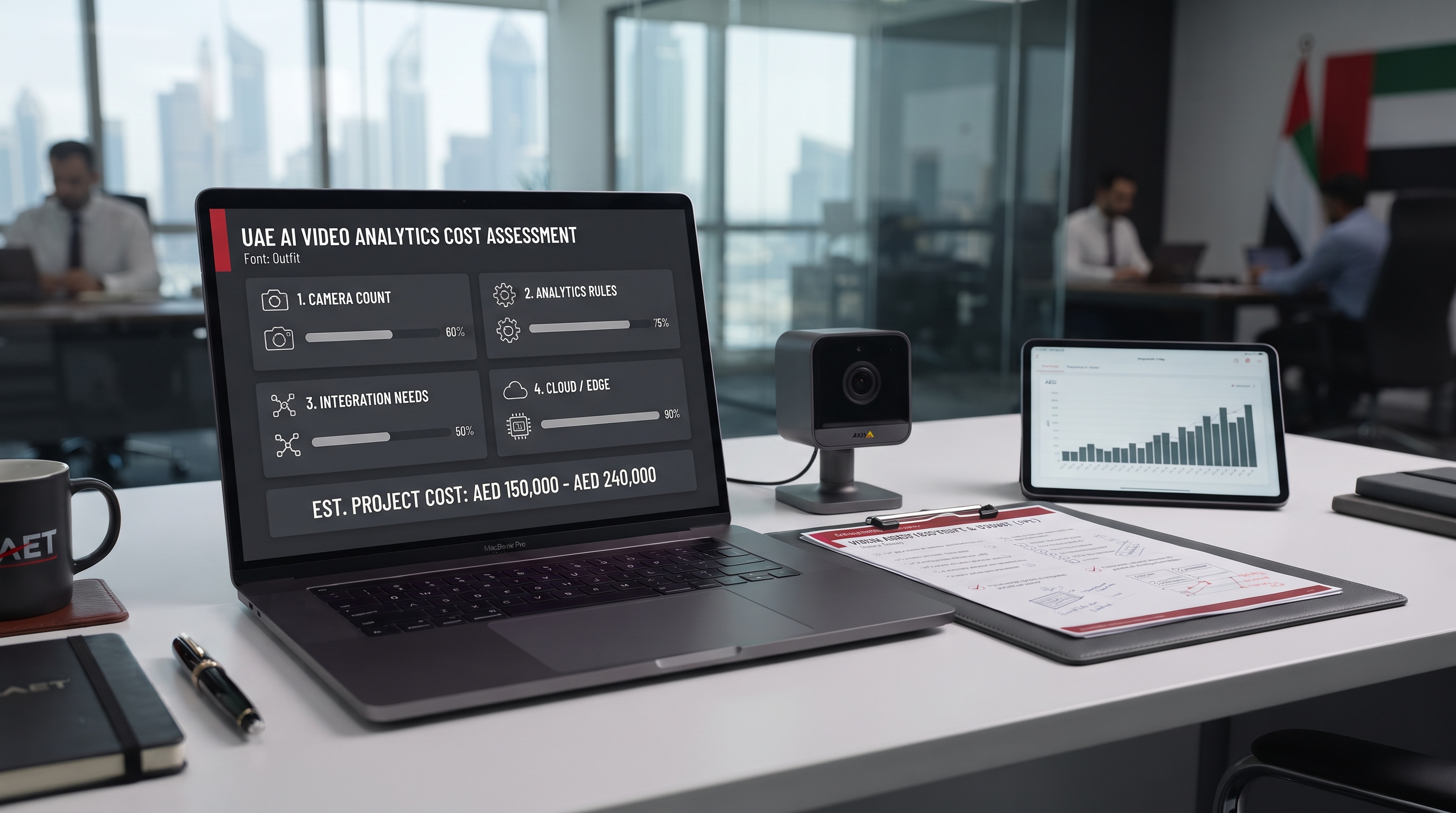 AI video analytics cost in UAE showing camera count analytics rules integration and cloud edge processing