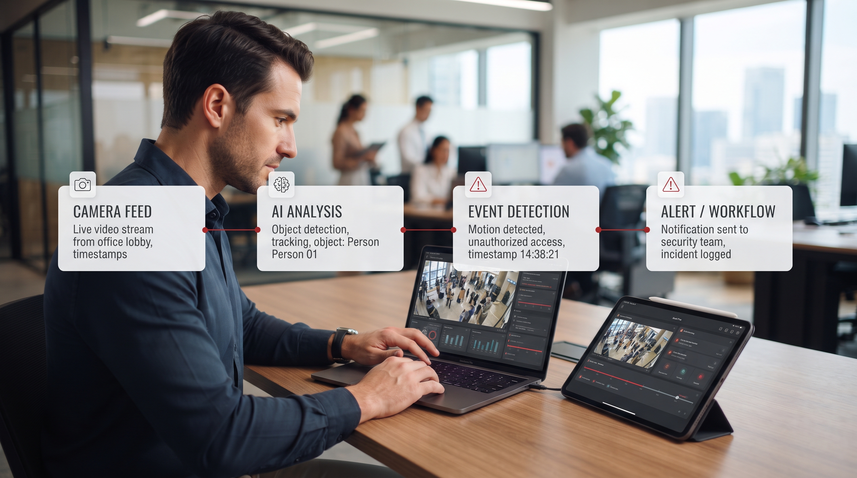 Consultant reviewing CCTV footage with AI analysis workflow overlay for UAE businesses