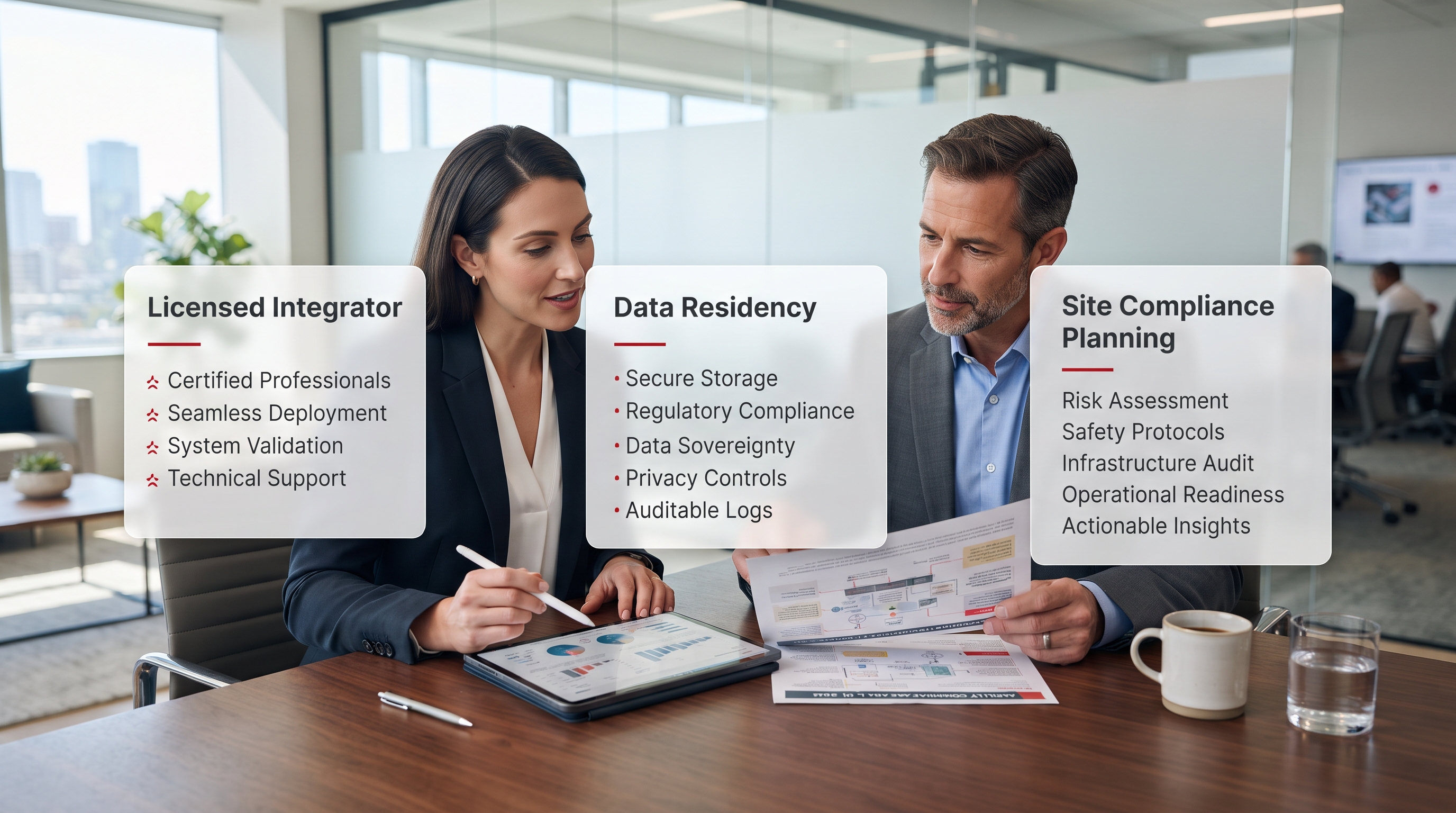Consultant reviewing AI video analytics compliance and deployment planning for UAE CCTV systems