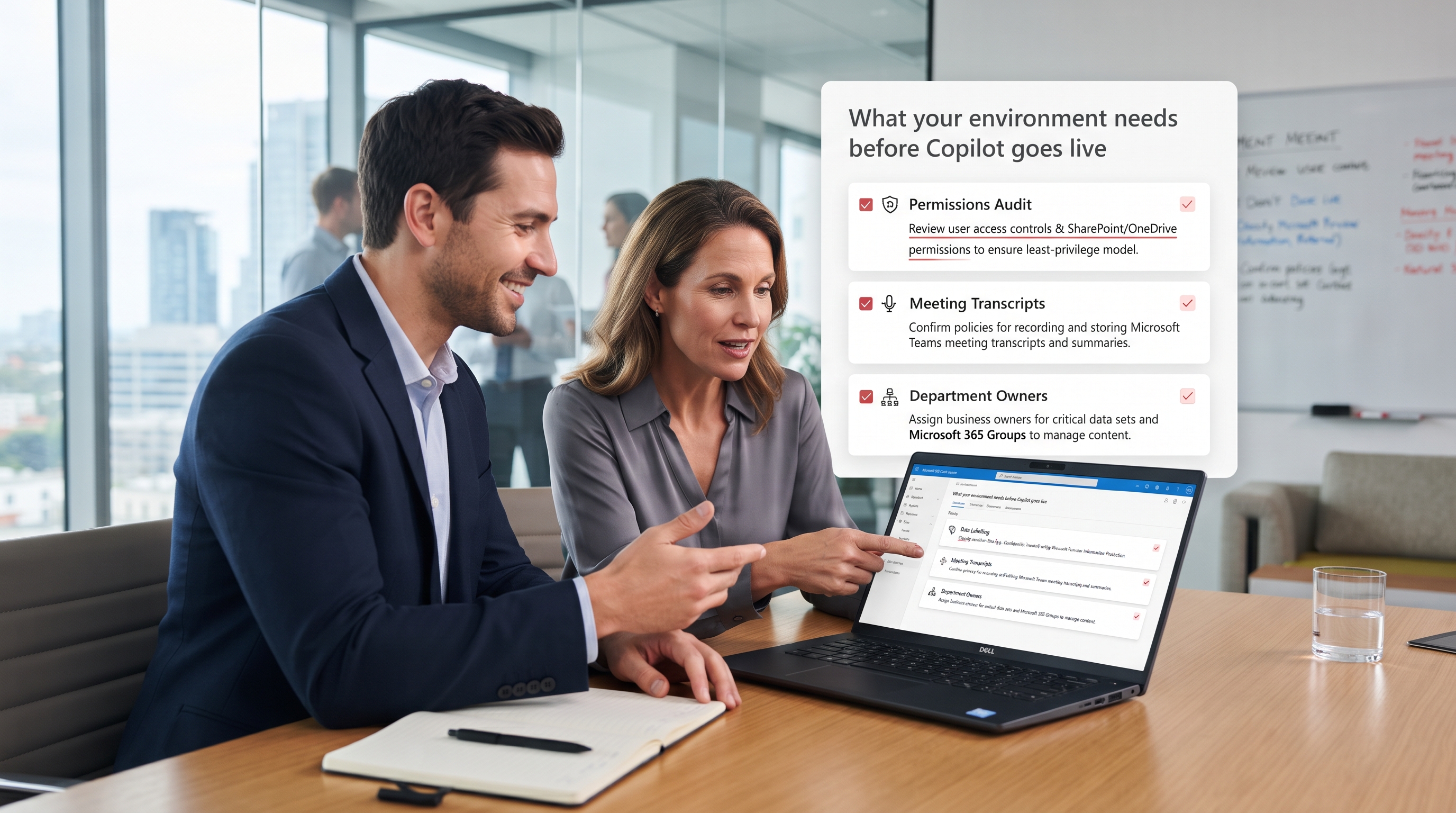 Microsoft Copilot readiness assessment covering permissions data labelling transcripts and owners