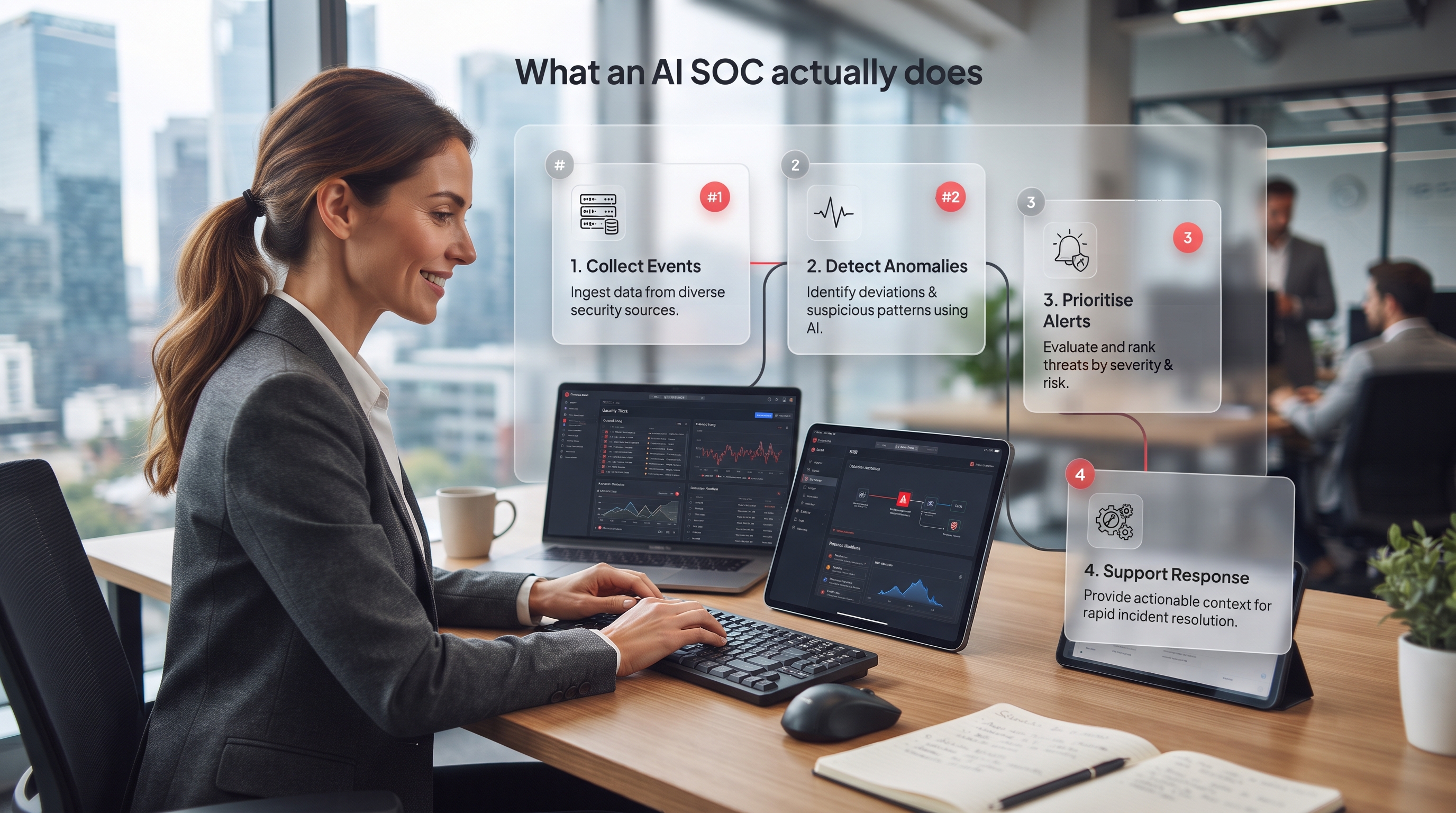 Cybersecurity consultant reviewing AI SOC event collection anomaly detection alert prioritisation and response workflow