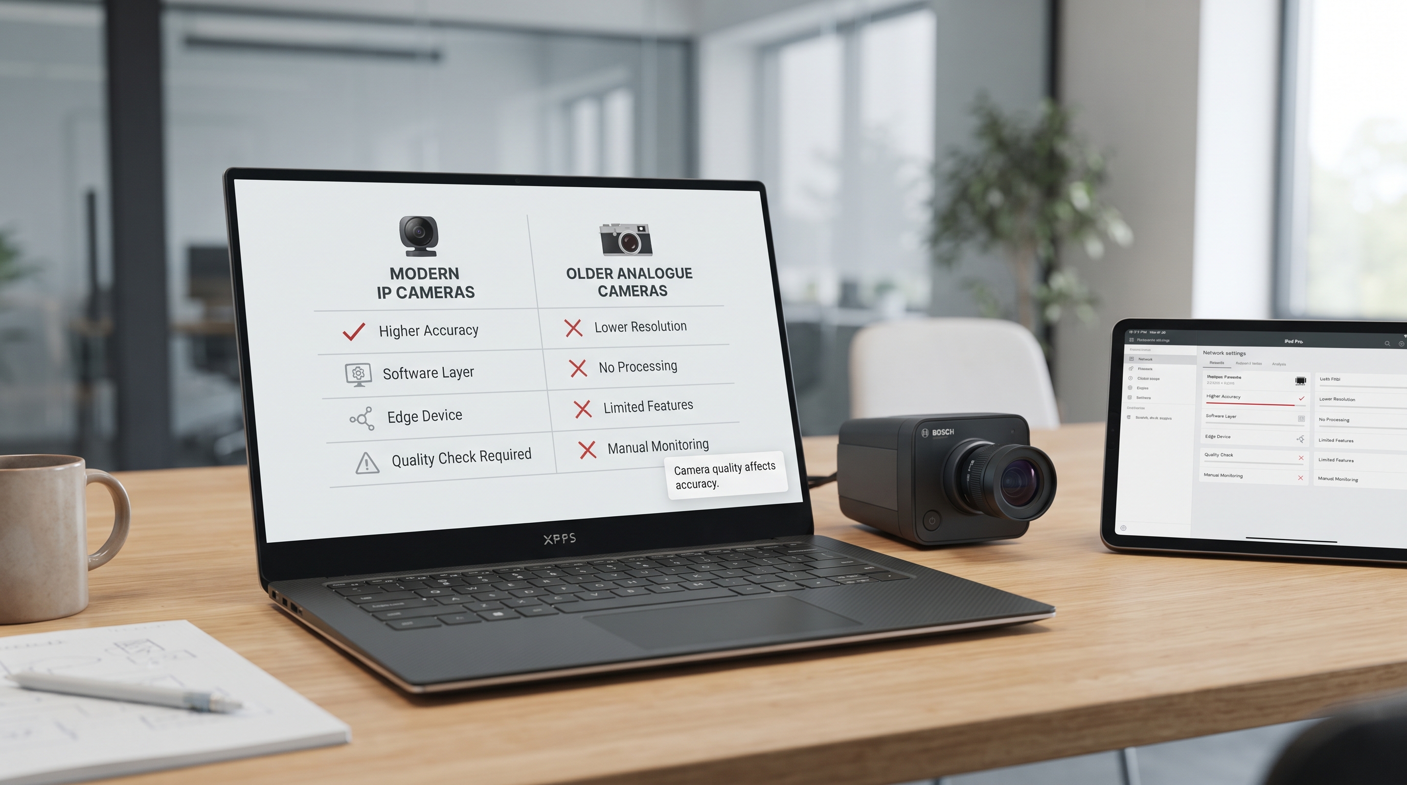 IT assessment desk showing camera compatibility review for AI video analytics deployment