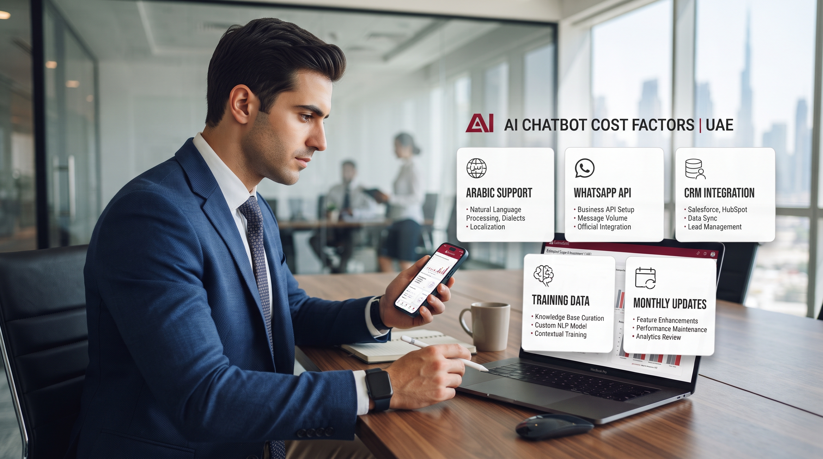 AI chatbot cost factors in UAE with WhatsApp Arabic CRM integration and maintenance planning