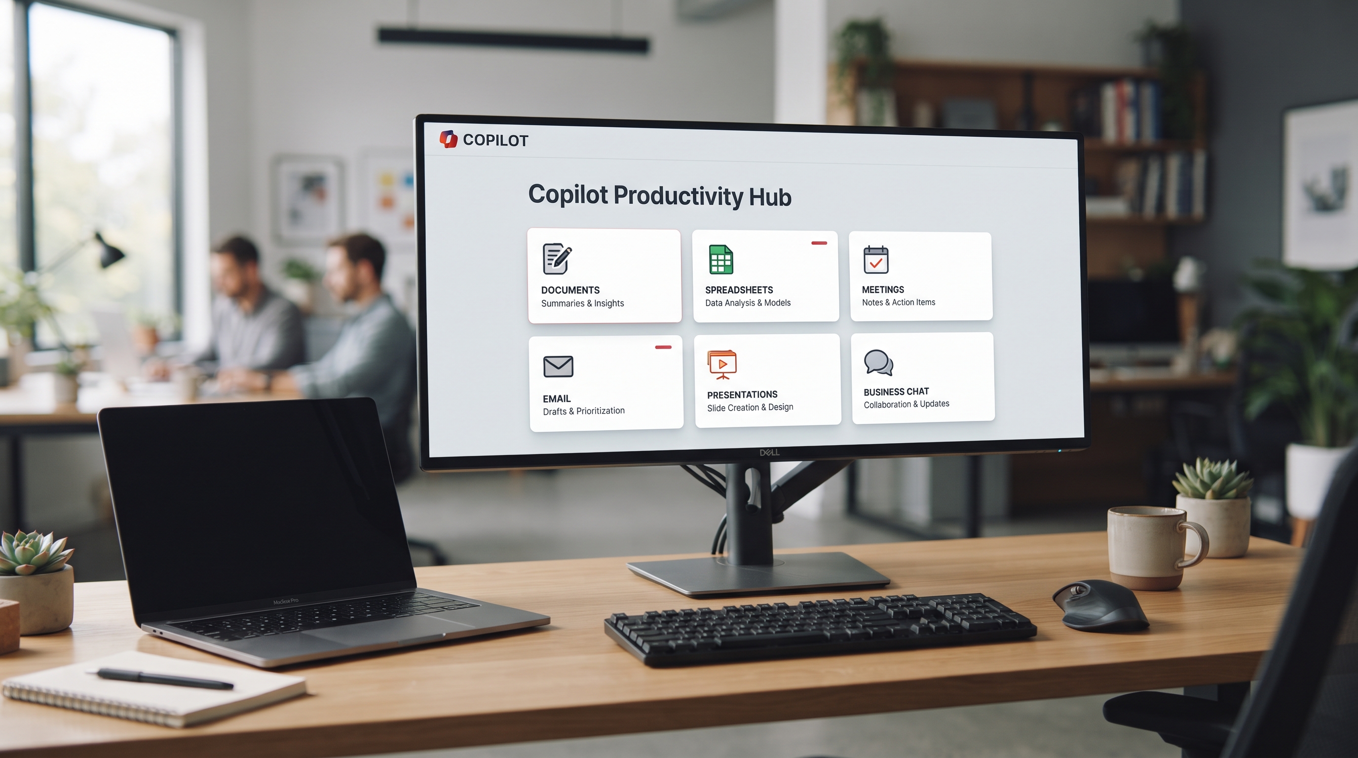 Microsoft Copilot productivity dashboard across documents spreadsheets meetings email presentations and business chat