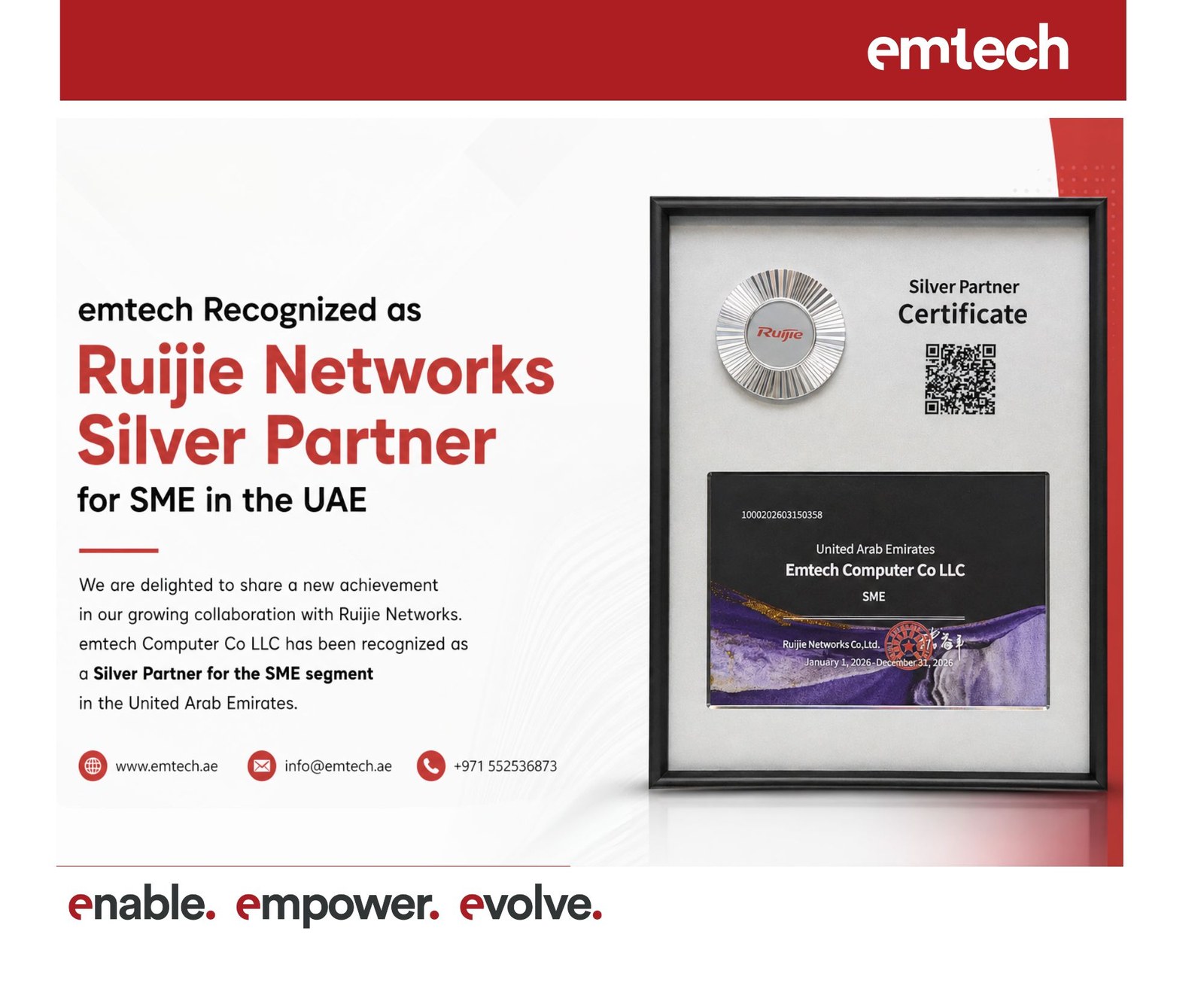 emtech Recognized as Ruijie Networks Silver Partner for SME in the UAE