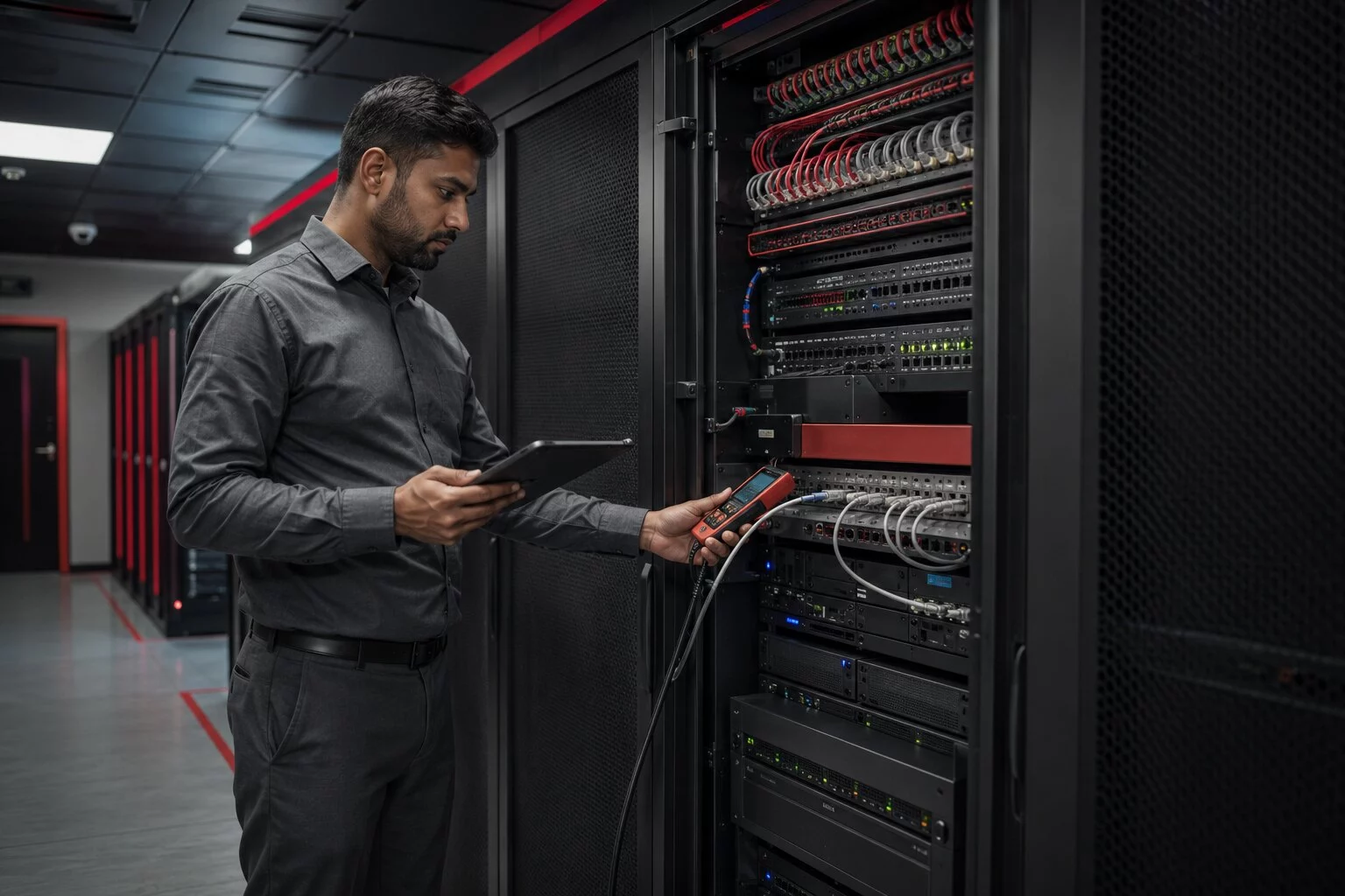 On-site IT engineer validating network and server equipment in a UAE enterprise facility
